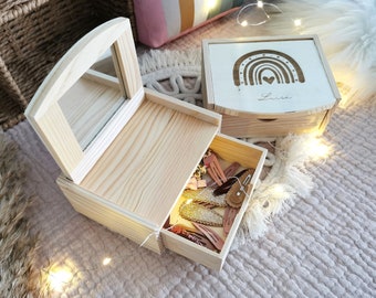 Jewelry box, jewelry box, wooden hair rubber box with mirror, personalized, with engraved motif, unicorn or rainbow - with name