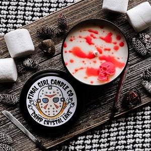 camp crystal lake candle, friday the 13th candle, jason voorhees candle, toasted marshmallow candle, horror movie, halloween, fall candle