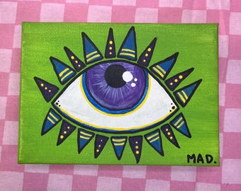 Trippy Eye Acrylic Painting: Boho Hippie Wall Art, 5x7 Canvas