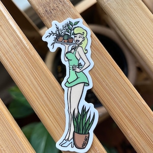 PinUp Plant Lady Vinyl Sticker, Plant Lady Sticker, Plant Vinyl Sticker, Retro Pinup Girl, Plant Lover Gifts, Gifts For Her, Funny Stickers