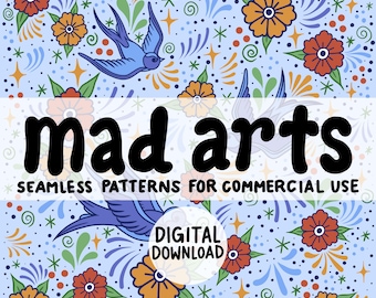 Floral Birds Seamless Digital File, Bright Fun Repeat Pattern, Commercial Use