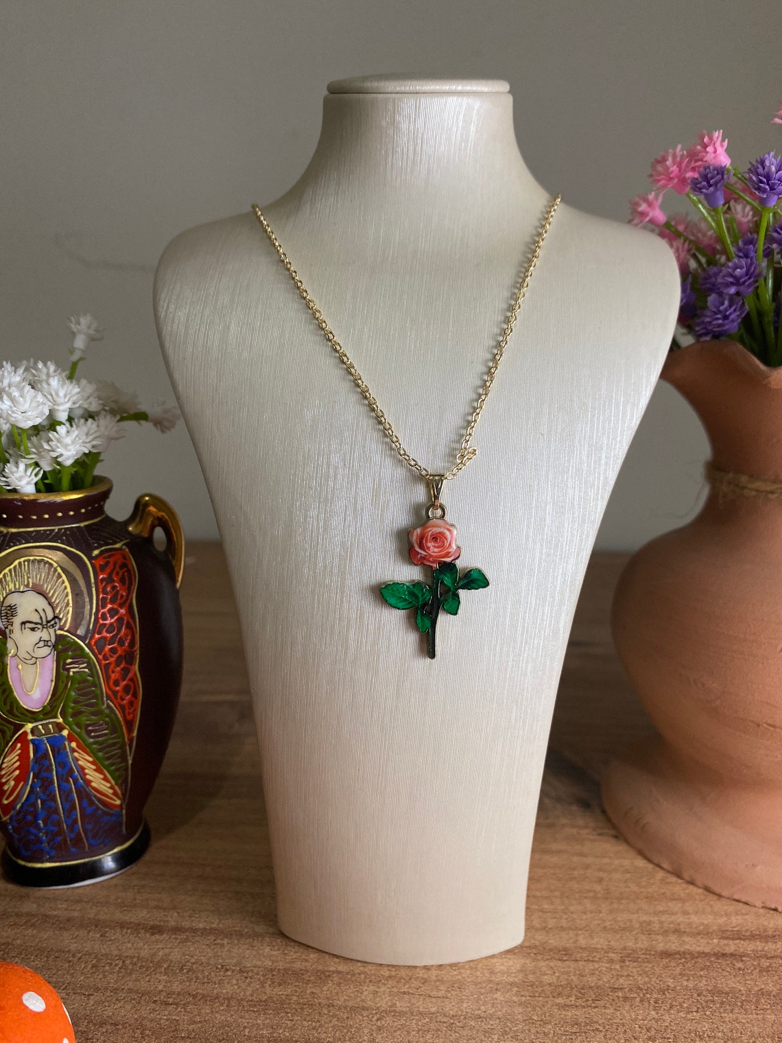 Pink rose necklace gift for her flower necklace Etsy