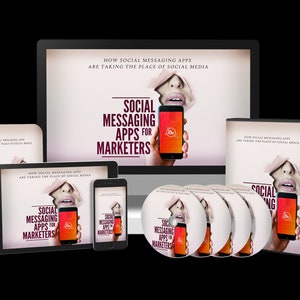 Peut inclure: Une maquette de produit montrant un cours de marketing numérique sur les applications de messagerie sociale pour les marketeurs. Le cours est disponible dans différents formats, notamment un écran d'ordinateur, une tablette, un smartphone et un DVD. L'image présente le visage d'une femme qui regarde à travers un trou dans un fond rose, tenant un smartphone avec le titre du cours.