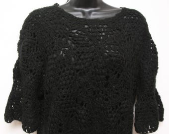 Vintage 90-tals svart virkad midiklänning med volanger, storlek 8 Eur 36 Whimsygoth Grunge Indie Sleaze Goth Boho Retro