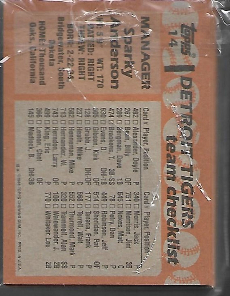 1988 Set Topps Detroit Tigers Team Baseball Cards