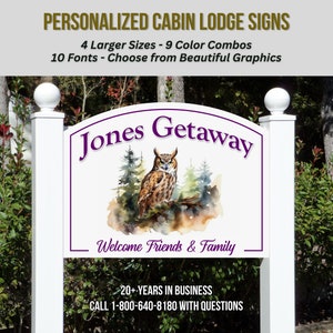 A charming lodge home welcome sign featuring a color graphic of beautiful owl in the woods. The cabin name is in purple on a white background. This large size Andover-shaped sign is mounted to an optional 2-post mounting system.