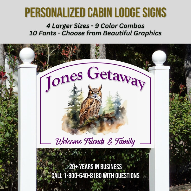 A charming lodge home welcome sign featuring a color graphic of beautiful owl in the woods. The cabin name is in purple on a white background. This large size Andover-shaped sign is mounted to an optional 2-post mounting system.