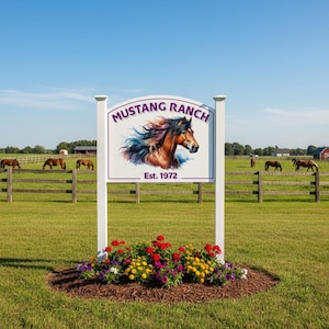 Puede incluir: Un letrero rectangular blanco con parte superior curva montado en dos postes blancos, con el texto MUSTANG RANCH y Est. 1972, y una ilustraci&oacute;n colorida de una cabeza de caballo. Un lecho de flores rojas, amarillas y moradas est&aacute; en la base.