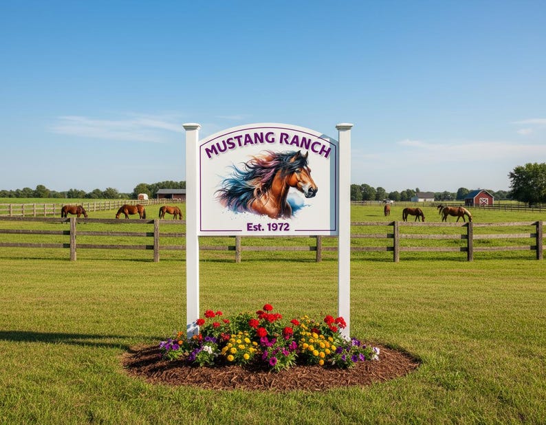 Puede incluir: Un letrero rectangular blanco con parte superior curva montado en dos postes blancos, con el texto MUSTANG RANCH y Est. 1972, y una ilustraci&oacute;n colorida de una cabeza de caballo. Un lecho de flores rojas, amarillas y moradas est&aacute; en la base.