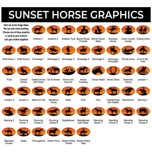 Peut inclure: Une collection de graphiques de chevaux sur fond de coucher de soleil, pr&eacute;sent&eacute;s dans des ovales. L'image comprend des repr&eacute;sentations de diff&eacute;rentes races et activit&eacute;s &eacute;questres. Le texte en haut indique "SUNSET HORSE GRAPHICS".