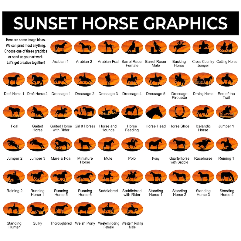 Peut inclure: Une collection de graphiques de chevaux sur fond de coucher de soleil, pr&eacute;sent&eacute;s dans des ovales. L'image comprend des repr&eacute;sentations de diff&eacute;rentes races et activit&eacute;s &eacute;questres. Le texte en haut indique "SUNSET HORSE GRAPHICS".