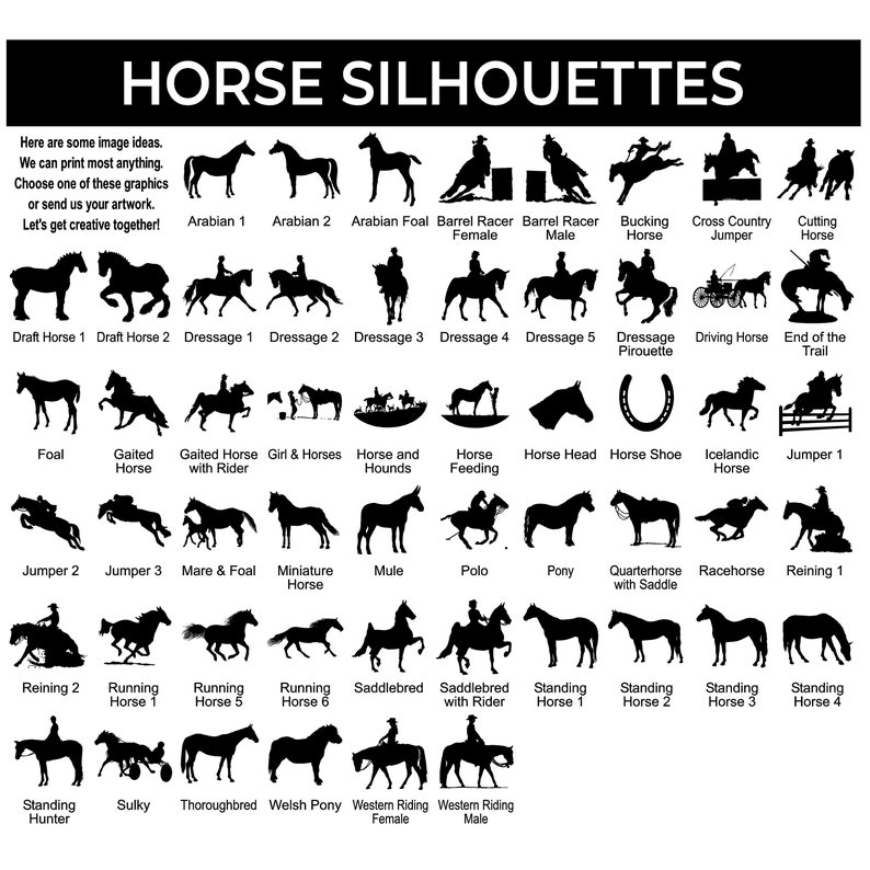Peut inclure: Diverses silhouettes noires de chevaux, repr&eacute;sentant diff&eacute;rentes races et activit&eacute;s &eacute;questres, comme le dressage et la course. Le texte en haut indique "HORSE SILHOUETTES". Un texte suppl&eacute;mentaire invite &agrave; soumettre des &oelig;uvres d'art personnalis&eacute;es.