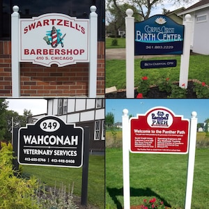 Puede incluir: Un collage de cuatro letreros exteriores para negocios y comunidades. Los letreros presentan diversas formas, colores y textos, incluyendo Swartzell's Barbershop, Corpus Christi Birth Center, 249 Wahconah Veterinary Services y el letrero comunitario Panther Path.