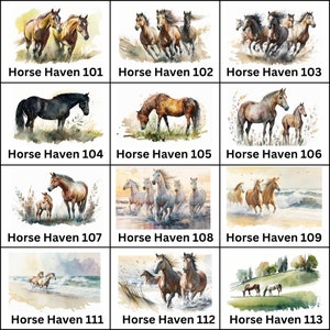Peut inclure: Ensemble de peintures &agrave; l'aquarelle repr&eacute;sentant des chevaux. Les images montrent des chevaux dans diverses poses et environnements, notamment en train de courir et de pa&icirc;tre. Le texte "Horse Haven" et un num&eacute;ro sont inclus.