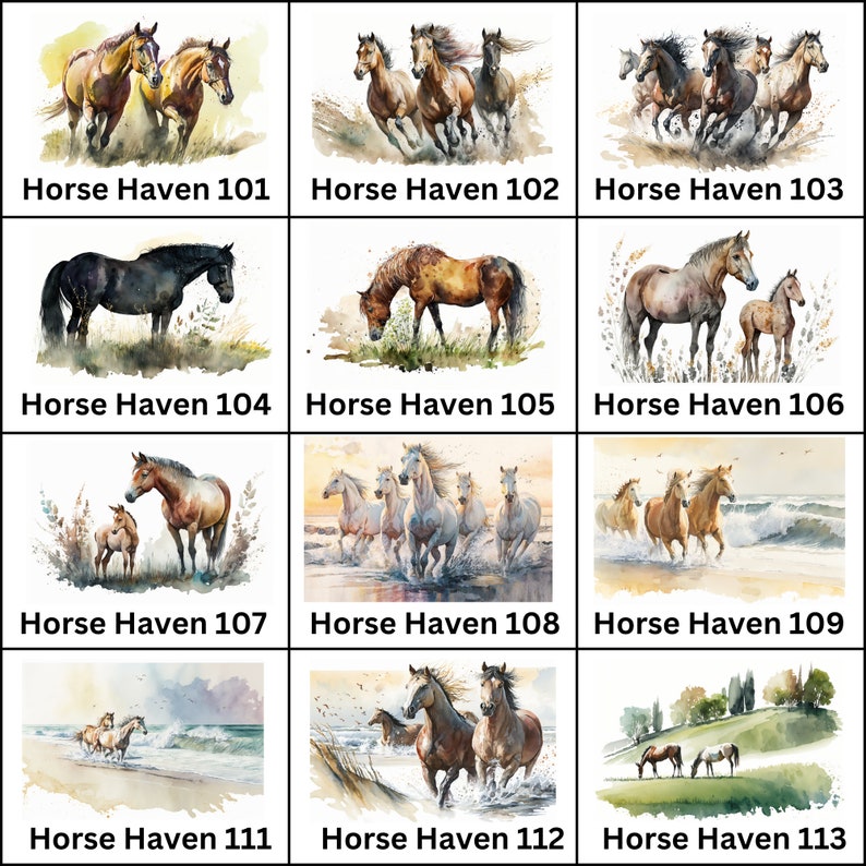 Peut inclure: Ensemble de peintures &agrave; l'aquarelle repr&eacute;sentant des chevaux. Les images montrent des chevaux dans diverses poses et environnements, notamment en train de courir et de pa&icirc;tre. Le texte "Horse Haven" et un num&eacute;ro sont inclus.