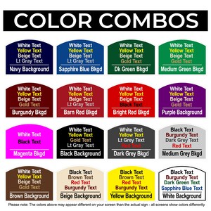 Peut inclure: Un graphique pr&eacute;sentant des combinaisons de couleurs avec du texte. Le titre "COLOR COMBOS" est en haut. En dessous, des &eacute;chantillons de couleurs avec du texte indiquant les couleurs du texte et de l'arri&egrave;re-plan, comme "Navy Background" et "Magenta Bkgd".