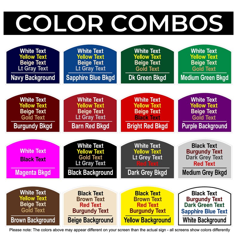 Peut inclure: Un graphique pr&eacute;sentant des combinaisons de couleurs avec du texte. Le titre "COLOR COMBOS" est en haut. En dessous, des &eacute;chantillons de couleurs avec du texte indiquant les couleurs du texte et de l'arri&egrave;re-plan, comme "Navy Background" et "Magenta Bkgd".