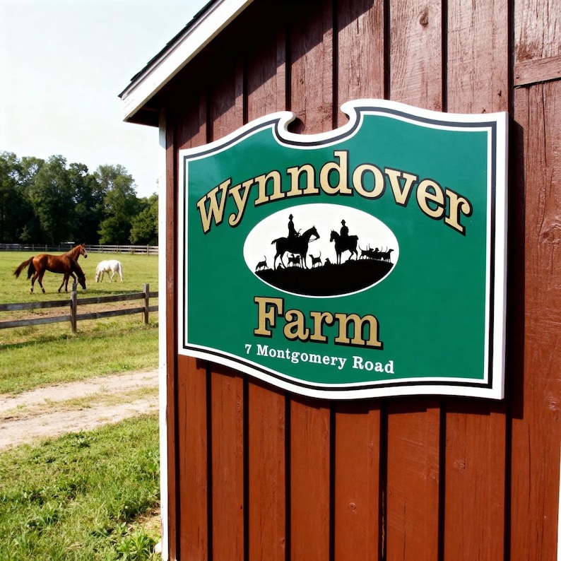 Peut inclure: Panneau vert et blanc pour Wynndover Farm, mont&eacute; sur une structure en bois rouge. Le panneau pr&eacute;sente le nom de la ferme en lettres dor&eacute;es, une silhouette de cavaliers &agrave; cheval et l'adresse : 7 Montgomery Road.