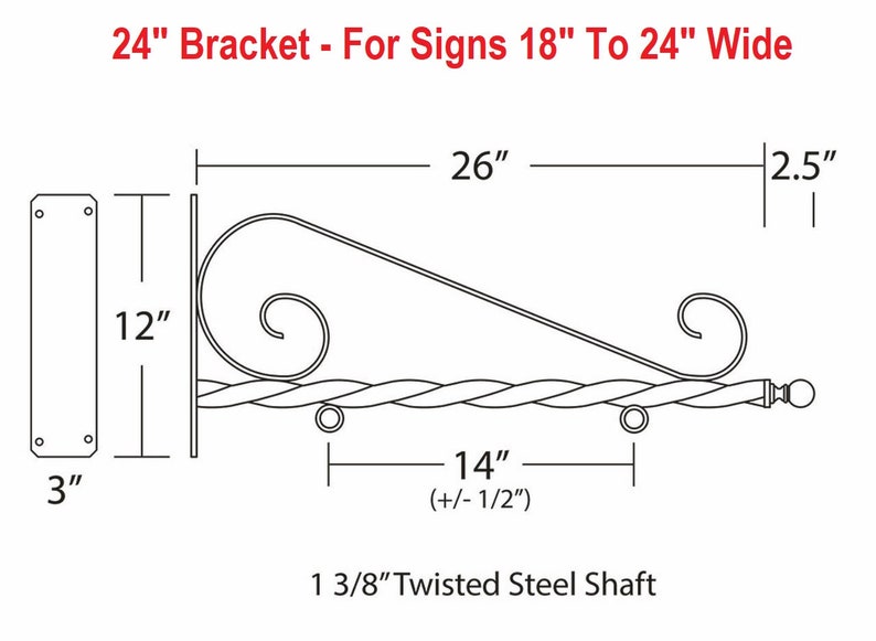 Op de afbeelding: Zwarte metalen bordenbeugel, 66 cm lang, ontworpen voor borden van 46 tot 61 cm breed. Voorzien van een decoratief krulontwerp en een 36 cm lange, gedraaide stalen schacht. De beugel is 30 cm hoog en 8 cm breed.