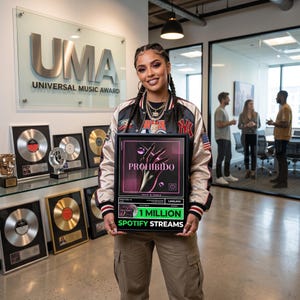 Può includere: Una targa premio rettangolare incorniciata con sfondo nero, un grafico di una mano e il testo PROHIBIDO. La targa include una barra orizzontale verde con il testo 1 MILLION SPOTIFY STREAMS e una piccola immagine di un album musicale.