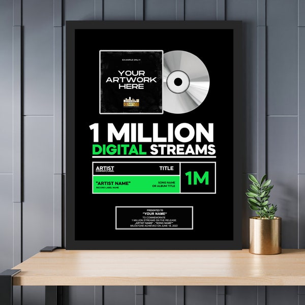 SPOTIFY STREAMING AWARD Custom Vinyl Record, Vinyl Record Plaque, Streaming Success Award For Musicians & Podcasts Any # Of Streams #1