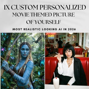 Puede incluir: Imagen dividida con dos retratos temáticos de películas. A la izquierda, una figura de piel azul con arco y flecha en un bosque. A la derecha, una mujer en un restaurante, sosteniendo un cigarrillo y un batido. Texto: "1X CUSTOM PERSONALIZED MOVIE THEMED PICTURE OF YOURSELF MOST REALISTIC LOOKING AI IN 2026".