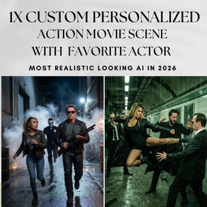 Könnte beinhalten: Ein Bild mit dem Text "1X CUSTOM PERSONALIZED ACTION MOVIE SCENE WITH FAVORITE ACTOR MOST REALISTIC LOOKING AI IN 2026". Das Bild zeigt zwei Actionfilmszenen mit Schauspielern. Die erste Szene zeigt eine Frau, einen Mann in Polizeiuniform und einen Mann mit einer Schrotflinte.