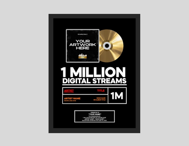 MUSIC STREAMING Award, Custom Golden CD Award, Spotify Record Plaque ...