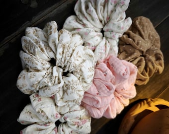 Juego de 5 coleteros de muselina de algodón (5 estilos): coleteros suaves y naturales, accesorios para el cabello hechos a mano, coleteros elásticos ligeros.