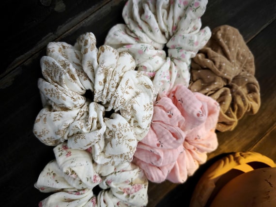 Set 5pcs 5 styles Muslin Cotton Scrunchies – Soft Natural Hair Tie, Handmade Hair Accessory, Lightweight Elastic Scrunchies