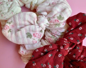 Set 5pcs 5 styles Muslin Cotton Bow Scrunchies – Soft Natural Hair Tie, Handmade Hair Accessory, Lightweight Elastic Scrunchies