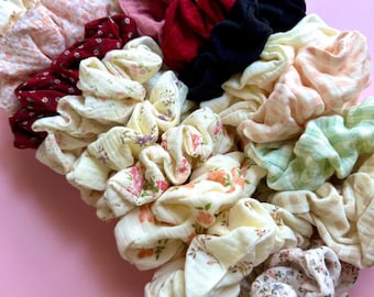 18 Styles Muslin Cotton Scrunchies – Soft Natural Hair Tie, Handmade Hair Accessory, Lightweight Elastic Scrunchies