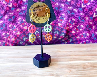 Multicolour peace sign bead earrings