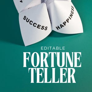 Puede incluir: Un papel blanco de adivinación con las palabras "Wealth", "Health", "Success" y "Happiness" impresas en las solapas. El texto "Editable Fortune Teller" está en la parte inferior, todo sobre un fondo verde azulado.