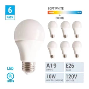 Pack 6 - A19LED801 - LED - 10 Watt (équivalent 60W) - 120 Volt - A19 - Moyen (E26) - 800 Lumens - UL Listed - 3,000 Kelvin (Blanc Doux)