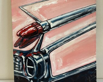 Vintage roze Cadillac acrylschilderij, canvaskunst, Cadillac canvas muurkunst, oldtimerkunst, popart, muurkunst, vintage kunst, autoliefhebber