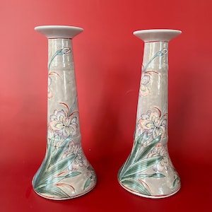 Vintage Blumen Kerzenständer, chinesische Kunst, rosa Kerzenständer, Chinoiserie Kerzenständer, handbemalter Kerzenständer aus Porzellan