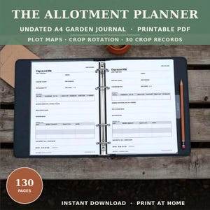 May include: An open black binder containing white pages titled Crop Record 006 with sections for supplier, variety, propagation, planting dates, growing conditions, harvest logs, and taste notes. A wooden pencil rests on the right side of the binder.