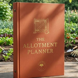 May include: A rust-coloured binder titled The Allotment Planner with gold foil text and a garden gate graphic. The cover features a small circular logo with a ginkgo leaf. Text at the top reads Plan • Track • Harvest and at the bottom 130 Pages • Undated • Use All Year.