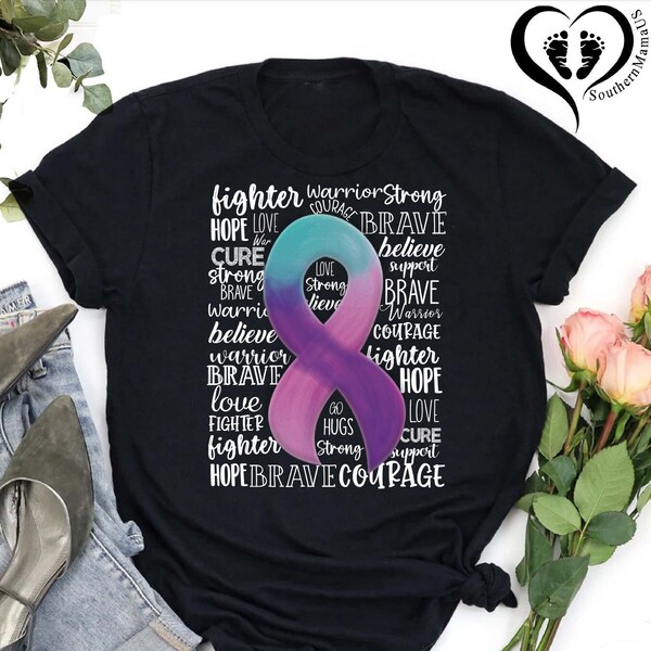 Thyroid Cancer T-shirt,Purple Teal Pink Ribbon Shirt,Cancer Patient Gifts,Thyroid Support Team Tees, Motivational Shirt, Inspirational Shirt