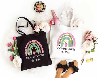 Teach Love Inspire,Custom Teacher Tote Bag,Gift for Teacher,Boho Rainbow Tote Bag, Pre-K Teacher Gift,Teacher Appreciation Gift,Teacher Name