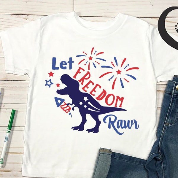 Let Freedom Rawr Shirt,Dinosaur American Flag Shirts, Funny  4th July Gift Tees,Independence Day Youth Shirt, Funny Saurus Rex freedom Shirt