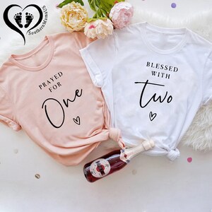 Funny Twins Pregnancy Announcement Onesies®,Prayed for One,Blessed with Two,Gift For Twins,Surprise Pregnancy Reveal Shirt,Baby Shower Gift