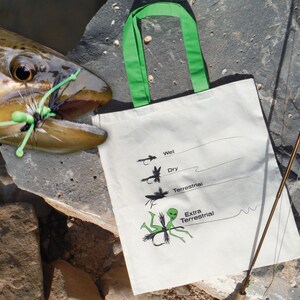 May include: A white canvas tote bag with green handles. The bag has a graphic of different types of fishing flies, including "Wet", "Dry", "Terrestrial", and "Extra Terrestrial".