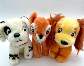 1980er Jahre Vintage Walt Disney Plüsch Set 101 Dalmatiner Lady & Tramp Bambi Tiere