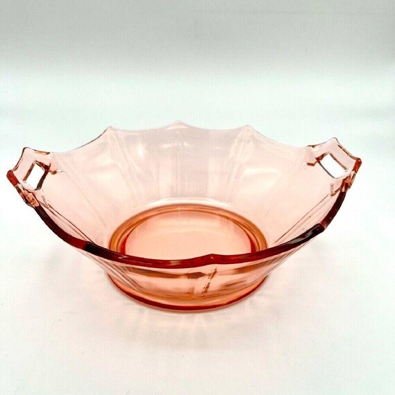 Vintage Pink Depression Glass Bowl Handles Scalloped Edge Serving Candy