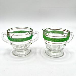 KENT GLASS Vintage Green Stripe Creamer and Sugar Bowl Set Gold Trim Footed 3&quot;