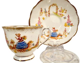 Conjunto de xícara e pires Royal Albert Dainty Dinah, porcelana fina, Inglaterra, estilo vintage.