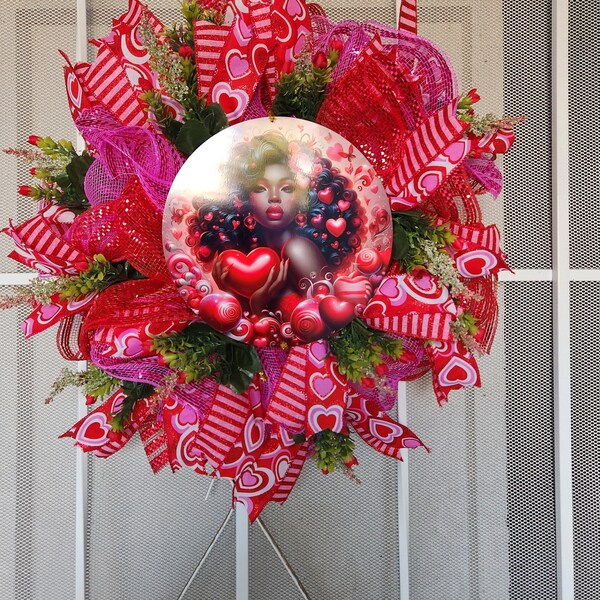 Pink and red Valentine wreath-diva wreath- pancake wreaths- Valentine decor- romantic Heartfelt gifts- heart wreath- charming gifts