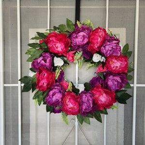 Large Fuchsia pink and Purple Peony Wreath- everyday spring wreath-summer wreath- mossy peony wreath- vibrant summer decor